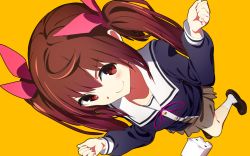 Rule 34 | 1girl, blush, brown eyes, brown hair, commentary request, from above, fueru nattou, full body, hair ribbon, long hair, long sleeves, looking at viewer, looking up, original, ribbon, school uniform, skirt, smile, solo, twintails