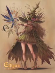 Rule 34 | 1girl, absurdres, belt, branch, brown background, brown eyes, brown hair, creature, dress, english text, flower, full body, green dress, hat, highres, holding, holding flower, holding staff, jewelry, leaf, looking at another, mushroom, nishi, original, outstretched arm, pigeon-toed, pouch, ring, sandals, shadow, sleeveless, sleeveless dress, staff, wavy hair, witch, witch hat, wrist cuffs