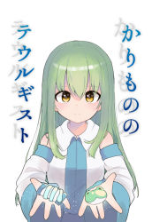 Rule 34 | 1girl, bare shoulders, blue skirt, blush, breasts, closed mouth, collared shirt, commentary request, cover, cover page, detached sleeves, eyes visible through hair, fingernails, frog hair ornament, green hair, hair between eyes, hair ornament, hair tubes, hands up, kochiya sanae, long fingernails, long hair, long sleeves, looking at viewer, medium breasts, no headwear, shirt, simple background, skirt, snake hair ornament, solo, standing, touhou, white background, white shirt, wide sleeves, yamase, yellow eyes