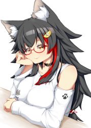 Rule 34 | 1girl, absurdres, animal ear fluff, animal ears, bare shoulders, black choker, black hair, breasts, choker, commentary, detached sleeves, glasses, hair ornament, hairclip, head rest, highres, hololive, large breasts, long hair, looking at viewer, multicolored hair, ookami mio, ookami mio (casual), psychopath idiot, red-framed eyewear, red hair, semi-rimless eyewear, simple background, smile, solo, streaked hair, two-tone hair, under-rim eyewear, upper body, virtual youtuber, white background, wolf ears, wolf girl, yellow eyes
