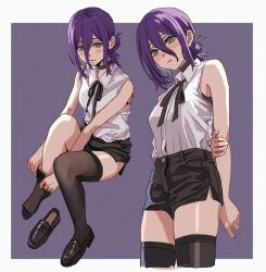 Rule 34 | 1girl, absurdres, bare shoulders, black footwear, black hair, black ribbon, black shorts, black thighhighs, blush, breasts, chainsaw man, collared shirt, green eyes, hair between eyes, hair bun, highres, holding own arm, loafers, looking at viewer, medium breasts, multiple views, neck ribbon, purple hair, removing sock, reze (chainsaw man), ribbon, shiren (ourboy83), shirt, shoes, short hair, short shorts, shorts, single hair bun, sitting, sleeveless, sleeveless shirt, smile, thighhighs, white shirt, zettai ryouiki