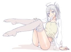 Rule 34 | 10s, 1girl, ahoge, alpha (katz332), arm support, asashimo (kancolle), cameltoe, camisole, flat chest, grey eyes, grin, kantai collection, legs, long hair, looking at viewer, open clothes, open shirt, panties, pantyhose, parted lips, ponytail, shirt, silver hair, sitting, smile, solo, underwear, undressing, white panties