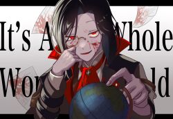 Rule 34 | 1boy, ascot, black border, black coat, black hair, blood, blood on face, blood on paper, border, brooch, coat, english text, globe, head rest, high collar, highres, jewelry, letterboxed, long sleeves, looking at viewer, low ponytail, male focus, mandarin collar, medium hair, monocle, nijisanji, outside border, paper, parted lips, red ascot, red eyes, sanpaku, shellin burgundy, shirt, smile, solo, swept bangs, test score, uneven eyes, upper body, virtual youtuber, white background, white shirt, yamagishi-sota