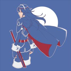 Rule 34 | 1girl, armor, blue background, blue hair, blue theme, cape, cowboy shot, female focus, fire emblem, fire emblem awakening, flat color, from side, full moon, gloves, long hair, long sleeves, lucina (fire emblem), moon, nintendo, pauldrons, red eyes, shoulder armor, simple background, solo, solo focus, sword, third-party source, weapon