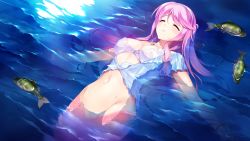 Rule 34 | 1girl, blush, breasts, cleavage, closed eyes, fish, floating, fumio (ura fmo), game cg, groin, hairband, hatsuru koto naki mirai yori, large breasts, long hair, meltyna, mermaid, monster girl, navel, no pussy, ocean, parted lips, partially submerged, pink hair, raised eyebrows, solo, water, wet, wet clothes