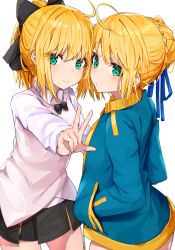 Rule 34 | 2girls, ahoge, artoria pendragon (all), artoria pendragon (fate), black bow, black cola, black neckwear, black skirt, blonde hair, blue jacket, blue ribbon, blush, bow, bowtie, braid, brown jacket, character request, closed mouth, collared shirt, commentary request, fate/grand order, fate (series), green eyes, hair between eyes, hair bow, hair bun, hair ribbon, hands in pockets, high ponytail, highres, jacket, multiple girls, open clothes, open jacket, outstretched arm, pleated skirt, ponytail, ribbon, saber (fate), saber lily, shirt, simple background, single hair bun, skirt, sleeveless, sleeveless jacket, smile, track jacket, v, white background, white shirt
