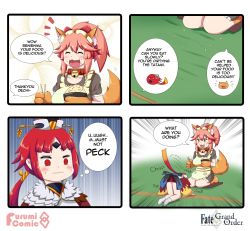 Rule 34 | 2girls, 4koma, animal ear fluff, animal ears, animal hands, apron, bell, benienma (fate), blush, cat paws, collar, comic, english text, fangs, fate/grand order, fate (series), fox ears, fox girl, fox tail, gloves, hat, highres, japanese clothes, jingle bell, keita naruzawa, long hair, long sleeves, low ponytail, maid headdress, multiple girls, neck bell, parted bangs, paw gloves, paw shoes, pink hair, ponytail, red eyes, red hair, shoes, tail, tamamo (fate), tamamo cat (fate), tamamo cat (second ascension) (fate), wide sleeves