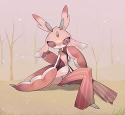 Rule 34 | arm support, bare tree, commentary request, creatures (company), ebichi (mon600n), full body, game freak, gen 7 pokemon, grass, hand up, highres, lurantis, nintendo, pokemon, pokemon (creature), red eyes, sideways glance, sitting, solo, tree