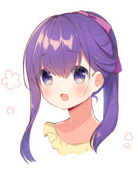 Rule 34 | 1girl, :d, aizawa85, alternate hairstyle, blush, commentary request, fate/stay night, fate (series), floral print, hair ribbon, long hair, looking at viewer, matou sakura, open mouth, ponytail, portrait, purple eyes, purple hair, ribbon, sidelocks, simple background, smile, solo, white background