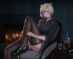 Rule 34 | 1girl, absinthe (arknights), absurdres, animal ears, arknights, bear ears, black choker, black footwear, black shirt, blush, bottle, breasts, chair, chinese commentary, choker, commentary request, cup, drinking glass, feet out of frame, fire, grey hair, highres, indoors, jangsunyo, knee up, large breasts, long sleeves, looking at viewer, partial commentary, red eyes, shirt, shoes, short hair, sitting, solo, thighhighs, thighs