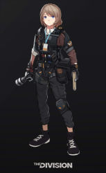 Rule 34 | 1girl, black gloves, blue eyes, camera, doren, full body, gloves, grey hair, gun, highres, holding, holding camera, holding gun, holding weapon, id card, looking at viewer, shoes, short hair, sketch, sneakers, solo, tom clancy&#039;s the division, weapon