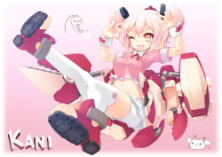 Rule 34 | 1girl, ;d, bike shorts, crop top, double w, headgear, highres, mecha musume, midriff, one eye closed, open mouth, original, pink hair, ribbon, short hair, skirt, smile, solo, thighhighs, twintails, w, wasanbon (atwazooka), white thighhighs, yellow eyes
