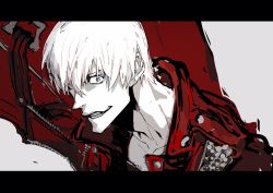 Rule 34 | 1boy, coat, dante (devil may cry), devil may cry, devil may cry (series), devil may cry 3, grey eyes, highres, letterboxed, male focus, manly, ogata tomio, open mouth, red coat, simple background, sketch, smile, white background, white hair