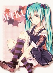Rule 34 | 1girl, aqua eyes, aqua hair, bad id, bad pixiv id, beads, bloomers, blush, bow, buttons, dress, hair bow, hatsune miku, highres, jewelry, kneehighs, lolita fashion, long hair, minami haruya, necklace, pleated skirt, ribbon, shoes, short dress, sitting, skirt, smile, socks, solo, striped clothes, striped socks, twintails, underwear, very long hair, vocaloid