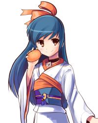 Rule 34 | 1girl, blue hair, boa (brianoa), brown eyes, closed mouth, food, fruit, hair ribbon, highres, holding, japanese clothes, kimono, long hair, looking at viewer, orange (fruit), ribbon, shoumetsu toshi, simple background, smile, solo, standing, transparent background, white background, yuki (shoumetsu toshi)