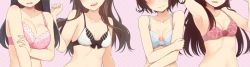 Rule 34 | 4girls, :d, arashio (kancolle), armpits, asashio (kancolle), bare arms, bare shoulders, black hair, blue bra, blush, bow, bow bra, bra, breasts, brown hair, cleavage, closed mouth, collarbone, head out of frame, head tilt, kantai collection, kisaragi (kancolle), long hair, medium breasts, multiple girls, mutsuki (kancolle), nagami yuu, open mouth, parted lips, pink background, pink bra, short hair, small breasts, smile, teeth, underwear, underwear only, upper teeth only, white bra