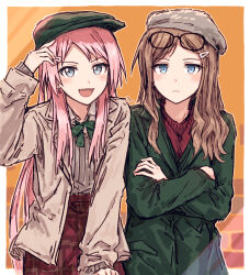 Rule 34 | 2girls, adjusting clothes, adjusting headwear, arm up, bang dream!, bang dream! it&#039;s mygo!!!!!, beret, blue eyes, blush, border, bow, bowtie, brown jacket, bullfalk, chihaya anon, closed mouth, collared shirt, cowboy shot, crossed arms, earrings, eyewear on head, fang, flat cap, glasses, green bow, green bowtie, green headwear, green jacket, grey eyes, grey headwear, grey sweater, hair ornament, hairclip, hat, highres, jacket, jewelry, long hair, long sleeves, looking at viewer, multiple girls, nagasaki soyo, open mouth, orange background, outline, outside border, pink hair, red skirt, red sweater, shirt, sidelocks, skirt, sweater, white border, white outline, white shirt