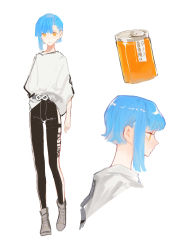 Rule 34 | 1girl, absurdres, black pants, blouse, blue hair, can, closed mouth, commentary request, full body, grey footwear, highres, iris yi, looking at viewer, looking to the side, multiple views, orange eyes, original, pants, shirt, shoes, short hair, sidelocks, simple background, sneakers, standing, tin can, white background, white shirt