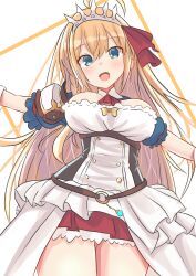 Rule 34 | 1girl, ahoge, blue eyes, breasts, brown hair, hair between eyes, head tilt, highres, large breasts, long hair, looking at viewer, outstretched arms, pecorine (princess connect!), pleated skirt, princess connect!, puffy short sleeves, puffy sleeves, red skirt, short sleeves, skirt, solo, spread arms, tiara, very long hair, white background, yojouhan 0000