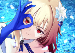 Rule 34 | 1girl, absurdres, archetype earth, arcueid brunestud, bare shoulders, blonde hair, blue gloves, blush, breasts, cleavage, collarbone, core (rofyx69), detached collar, detached sleeves, dress, fate/grand order, fate (series), flower, gloves, hair flower, hair ornament, highres, large breasts, long hair, looking at viewer, red eyes, smile, solo, tsukihime, very long hair, white dress