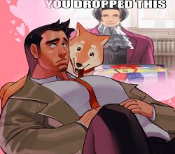 Rule 34 | 2boys, ace attorney, ascot, bara, black hair, black pants, brown coat, closed mouth, coat, collared shirt, dick gumshoe, dog, english text, facial hair, goatee, grey hair, heart, highres, holding, jacket, kukustar (kukuu), large pectorals, long sleeves, looking up, male focus, medium sideburns, meme, meme request, miles edgeworth, missile (ace attorney), multiple boys, necktie, pants, pectorals, red jacket, red necktie, shirt, sideburns stubble, stubble, white ascot, white shirt