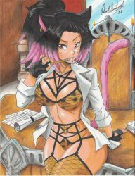 Rule 34 | 1girl, 2021, animal ears, animal print bra, animal print panties, artist name, black gloves, black hair, candle, chair, commission, desk, earrings, fingerless gloves, gloves, grin, high ponytail, holding, holding pencil, jewelry, mirror, multicolored hair, navel, on desk, open clothes, open shirt, original, paper, pencil, pink eyes, pink hair, ponytail, ravernclouk design, shirt, sitting, on desk, smile, tail, thick thighs, thighs, traditional media, two-tone hair, underwear, white shirt
