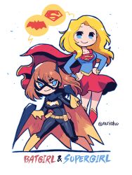 Rule 34 | 2girls, absurdres, barbara gordon, batgirl, batman (series), blonde hair, blue eyes, blush, breasts, brown hair, cape, clenched hands, dc comics, english text, flying, hands on own hips, highres, looking at viewer, medium breasts, multiple girls, rariatto (ganguri), red cape, red skirt, simple background, skirt, smile, supergirl, superhero costume, superman (series), white background