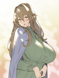 Rule 34 | 1girl, breasts, brown hair, brown haired glasses elf (houtengeki), dappled sunlight, elf, glasses, green eyes, green sweater, hair intakes, houtengeki, huge breasts, jewelry, large breasts, long hair, looking at viewer, mature female, open mouth, original, pendant, pointy ears, ribbed sweater, shawl, solo, sunlight, sweater, turtleneck, turtleneck sweater, upper body