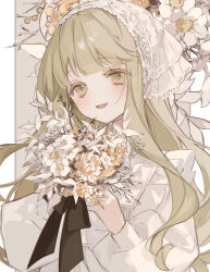 Rule 34 | 1girl, absurdres, blush, border, bouquet, brown background, brown eyes, brown hair, collar, colored eyelashes, commentary, dress, flower, frilled collar, frills, highres, holding, holding bouquet, kerchief, kyuumura, long hair, looking at viewer, no nose, open mouth, orange flower, original, smile, solo, symbol-only commentary, upper body, white background, white dress, white flower, white headwear