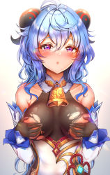 Rule 34 | 1girl, absurdres, bare shoulders, bell, blue hair, blush, bodysuit, breasts, covering privates, covering breasts, cowbell, ganyu (genshin impact), genshin impact, gloves, half-closed eyes, hands on own chest, highres, horns, medium breasts, purple eyes, queencho, solo, torn bodysuit, torn clothes