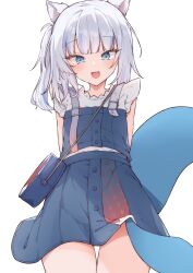 Rule 34 | 1girl, absurdres, airenif, animal ears, arm behind back, bag, blue eyes, blue skirt, cat ears, cowboy shot, fins, fish tail, frilled sleeves, frills, gawr gura, gawr gura (casual), highres, hololive, hololive english, looking at viewer, medium hair, multicolored hair, official alternate costume, open mouth, shark tail, shirt, short sleeves, shoulder bag, side ponytail, simple background, skirt, smile, solo, standing, streaked hair, tail, virtual youtuber, white background, white hair, white shirt