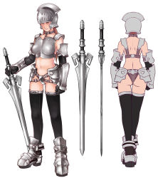 Rule 34 | 1girl, armor, bad id, bad pixiv id, black thighhighs, boots, breasts, collar, gloves, helmet, kusagami style, large breasts, multiple views, original, simple background, sword, thighhighs, weapon, white background