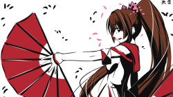 Rule 34 | 10s, 1girl, brown eyes, brown hair, cherry blossoms, detached sleeves, hand fan, flower, from side, hair flower, hair ornament, heavens thunder (byakuya-part2), highres, kantai collection, long hair, looking at viewer, marker (medium), open mouth, ponytail, solo, traditional media, very long hair, yamato (kancolle)