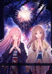 Rule 34 | 2girls, bang dream!, bang dream! it&#039;s mygo!!!!!, blue eyes, brown hair, chihaya anon, chinese commentary, closed mouth, commentary request, fireworks, highres, interlocked fingers, japanese clothes, kimono, long hair, looking at another, looking to the side, multicolored clothes, multicolored kimono, multiple girls, nagasaki soyo, new year, obi, own hands together, pink hair, praying, purple kimono, red kimono, sash, sideways glance, yellow kimono, yun cao bing