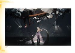 Rule 34 | 1girl, artbook, artist request, azur lane, chair, closed eyes, dress, evening gown, floating, floating object, full body, grand piano, grey hair, highres, holding, holding instrument, holding violin, instrument, music, official art, pantyhose, piano, playing instrument, purple dress, purple pantyhose, seattle (azur lane), seattle (gorgeous party) (azur lane), sleeveless, sleeveless dress, solo, stage lights, violin