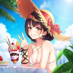 Rule 34 | 1girl, absurdres, bikini, black hair, blue sky, blush, bow, breasts, cake, cake slice, chair, cherry, cloud, collarbone, day, elbows on table, food, fruit, glass, grin, hand up, hat, hat bow, highres, ice cream, inchangboy2, jewelry, lips, looking at viewer, medium breasts, original, outdoors, palm tree, parfait, pendant, pocky, sitting, sky, smile, solo, straw hat, strawberry, sunlight, swimsuit, table, tree, upper body, v, wafer, water drop, white bikini