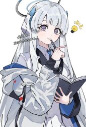 Rule 34 | 1girl, black jacket, blue archive, blue jacket, blue necktie, blush, book, closed mouth, collared shirt, cowboy shot, dot nose, halo, hand up, headphones, highres, holding, holding book, holding pen, index finger raised, inu totemo, jacket, layered clothes, light bulb, long bangs, long hair, long sleeves, looking at viewer, mechanical halo, necktie, noa (blue archive), notice lines, off shoulder, open book, pen, purple eyes, shirt, sidelocks, simple background, smile, solo, straight hair, suit jacket, two-sided fabric, two-sided jacket, white background, white hair, white jacket, white shirt