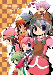 Rule 34 | 1other, 5girls, :d, ;d, air colthearts, arno, blue eyes, blush, brown eyes, brown hair, brown headwear, checkered background, chibi, chibi on head, closed eyes, closed mouth, commentary request, dress, english text, green hair, green shirt, hair between eyes, hair bobbles, hair ornament, happy, heart, jacket, kou hiyoyo, long sleeves, looking at viewer, multiple girls, on head, one eye closed, open mouth, orange dress, person on head, pink hair, pink headwear, pink jacket, pratty, razzy, rifmonica, shirt, short hair, smile, sugarette, summon night, summon night: swordcraft story, summon night craft sword monogatari hajimari no ishi, summon night swordcraft story 2, two side up, white hair