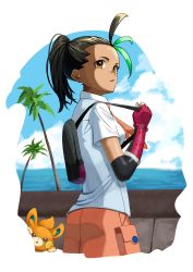 Rule 34 | 1girl, absurdres, backpack, bag, black bag, black hair, border, brown eyes, cloud, collared shirt, commentary request, creatures (company), dark-skinned female, dark skin, day, freckles, game freak, gloves, green hair, hand up, highres, holding strap, kun (user tmwh7453), looking to the side, multicolored hair, necktie, nemona (pokemon), nintendo, orange necktie, orange shorts, outdoors, palm tree, parted lips, pawmi, pokemon, pokemon (creature), pokemon sv, ponytail, red gloves, shirt, short sleeves, shorts, sky, streaked hair, tree, white border, white shirt