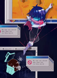 Rule 34 | 2others, :|, androgynous, armor, black bodysuit, blue hair, blue skin, bodysuit, bodysuit under clothes, cape, closed mouth, colored skin, commentary request, corogarucoromo, covered mouth, crossed bangs, deltarune, english text, entangled, error message, expressionless, from side, full body, gauntlets, greaves, heart, highres, icon (computing), kris (deltarune), multiple others, pauldrons, pink cape, shaded face, short hair, shoulder armor, string, string of fate, trash can, window (computing)