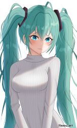 Rule 34 | 1girl, absurdres, artist name, blue eyes, blush, breasts, closed mouth, commentary, english commentary, green eyes, hair ornament, hatsune miku, highres, long hair, long sleeves, looking at viewer, medium breasts, ribbed sweater, shy, solo, sweat, sweater, turtleneck, turtleneck sweater, twintails, very long hair, vocaloid, white background, worried, yissou art