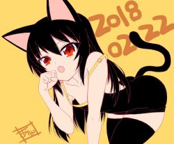 Rule 34 | 10s, 1girl, alternate eye color, animal ears, arm support, artist name, black dress, black hair, black thighhighs, cat ears, cat tail, collarbone, commentary, dated, dress, fang, fujimaru arikui, girls und panzer, kemonomimi mode, kneeling, leaning forward, light smile, long hair, looking at viewer, microdress, one-hour drawing challenge, open mouth, paw pose, red eyes, reizei mako, signature, simple background, skindentation, solo, spaghetti strap, strap slip, tail, thighhighs, yellow background