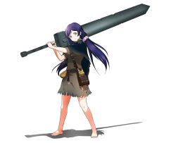 Rule 34 | 1girl, barefoot, blue capelet, capelet, closed mouth, crossover, dark souls (series), dark souls ii, flask, full body, green eyes, hair ornament, hair scrunchie, highres, holding, huge weapon, legs apart, long hair, love live!, love live! school idol project, murasaki saki, over shoulder, pouch, purple hair, robe, scrunchie, shadow, simple background, smile, solo, standing, sword, sword over shoulder, tojo nozomi, two-handed, weapon, weapon over shoulder, white background