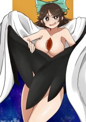 Rule 34 | 1girl, absurdres, bird wings, black wings, bow, breasts, brown eyes, brown hair, cape, cocked eyebrow, commentary request, convenient censoring, feet out of frame, green bow, hair bow, highres, large breasts, long hair, looking at viewer, naked cape, nude, open mouth, reiuji utsuho, smile, solo, starry sky print, third eye, touhou, white cape, wing censor, wings, yokuaka