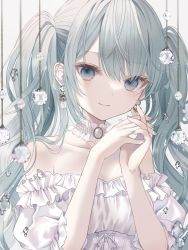 Rule 34 | 1girl, aqua eyes, aqua hair, aqua nails, bare shoulders, closed mouth, detached collar, hatsune miku, highres, long hair, looking at viewer, nail polish, off shoulder, own hands together, paruno, simple background, smile, solo, twintails, upper body, vocaloid, white background