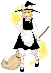 Rule 34 | 1girl, ameri, apron, arm at side, black footwear, black hat, black skirt, black vest, blonde hair, bloomers, bow, braid, broom, closed mouth, eyebrows, female focus, frilled apron, frills, full body, hair between eyes, hair bow, hat, hat bow, hat ribbon, holding, holding broom, kirisame marisa, long hair, long sleeves, looking at viewer, mary janes, ribbon, shirt, shoes, skirt, smile, socks, solo, standing, star (symbol), touhou, underwear, vest, waist apron, white apron, white background, white bow, white ribbon, white shirt, white socks, witch, witch hat