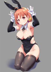 Rule 34 | 1girl, ahoge, animal ears, armpits, arms up, bare shoulders, black leotard, black thighhighs, blush, braid, breasts, cleavage, clothing cutout, detached collar, earrings, elbow gloves, fake animal ears, gloves, grey background, grin, groin, highleg, highleg leotard, highres, jewelry, kanabun, kneeling, large breasts, leotard, looking at viewer, love live!, love live! sunshine!!, orange hair, playboy bunny, rabbit ears, rabbit pose, red eyes, seiza, short hair, side braid, sitting, smile, solo, strapless, strapless leotard, takami chika, teeth, thighhighs, white gloves