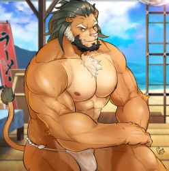 Rule 34 | 1boy, animal ears, arsalan (tokyo houkago summoners), bara, beard, bulge, closed mouth, facial hair, furry, furry male, green hair, large pectorals, lion boy, lion ears, lion tail, male focus, manly, multicolored hair, muscular, nipples, pectorals, ppyong, smile, sweat, tail, thighs, tokyo houkago summoners, upper body, yellow eyes
