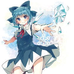 Rule 34 | &gt;:), 1girl, bad id, bad pixiv id, blue dress, blue eyes, blue hair, bow, cirno, contrapposto, dress, hair bow, ice, ice wings, ikeuchi tanuma, matching hair/eyes, short hair, snowflakes, solo, standing, touhou, v-shaped eyebrows, wings