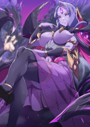 Rule 34 | 2girls, absurdres, bel&#039;veth, blurry, blurry background, breasts, colored skin, crossed legs, grin, highres, kai&#039;sa, large breasts, league of legends, multiple girls, purple skin, see-through, see-through shirt, smile, solo, thighhighs, third eye, torahime (roland00), underboob, vambraces